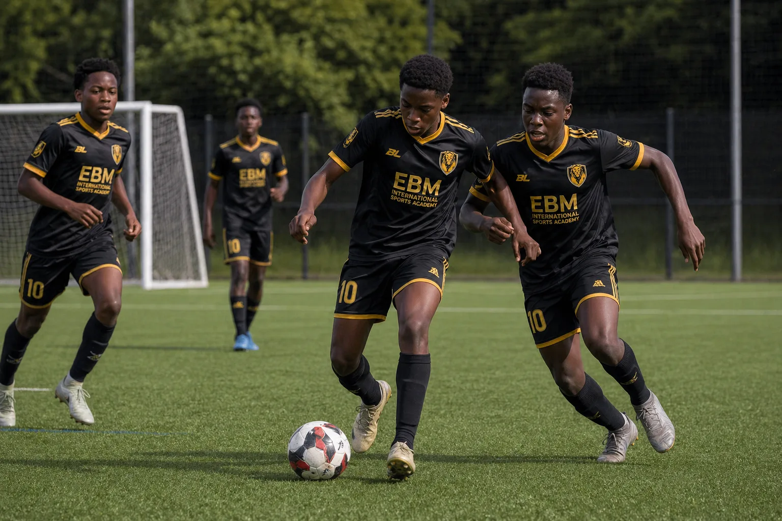 EBM International Sports Academy players in black and gold kits running with the ball during soccer training.